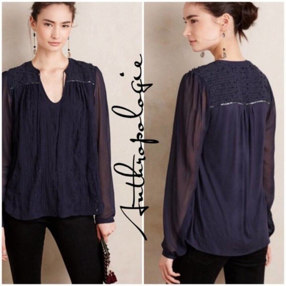 Anthropologie Tiny Embroidered Split Neck Blue